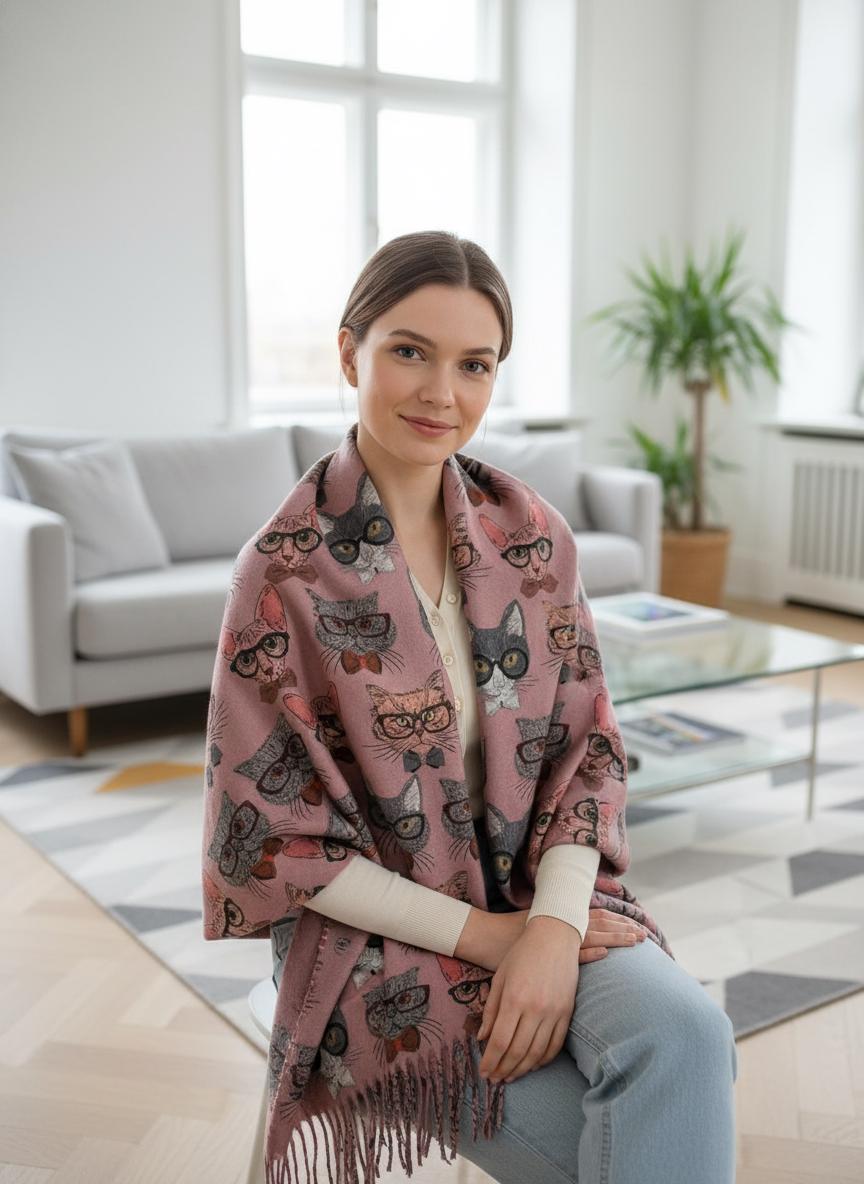 Cat Print Scarf Cashmere Feel Shawl with Tassels Comes with a gift bag