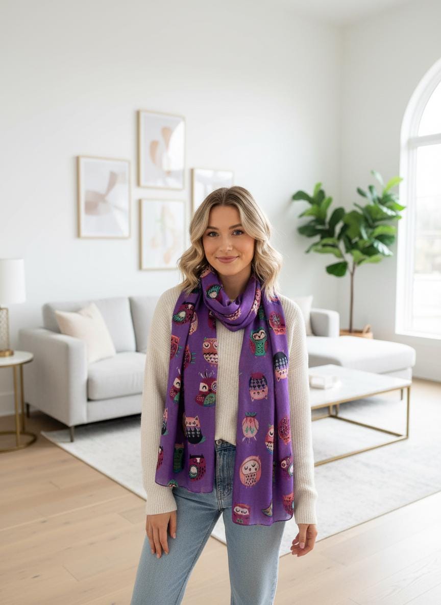 Stylish Owl Print Scarf – Lightweight Scarf for Women Fashion Scarf Comes with a gift bag