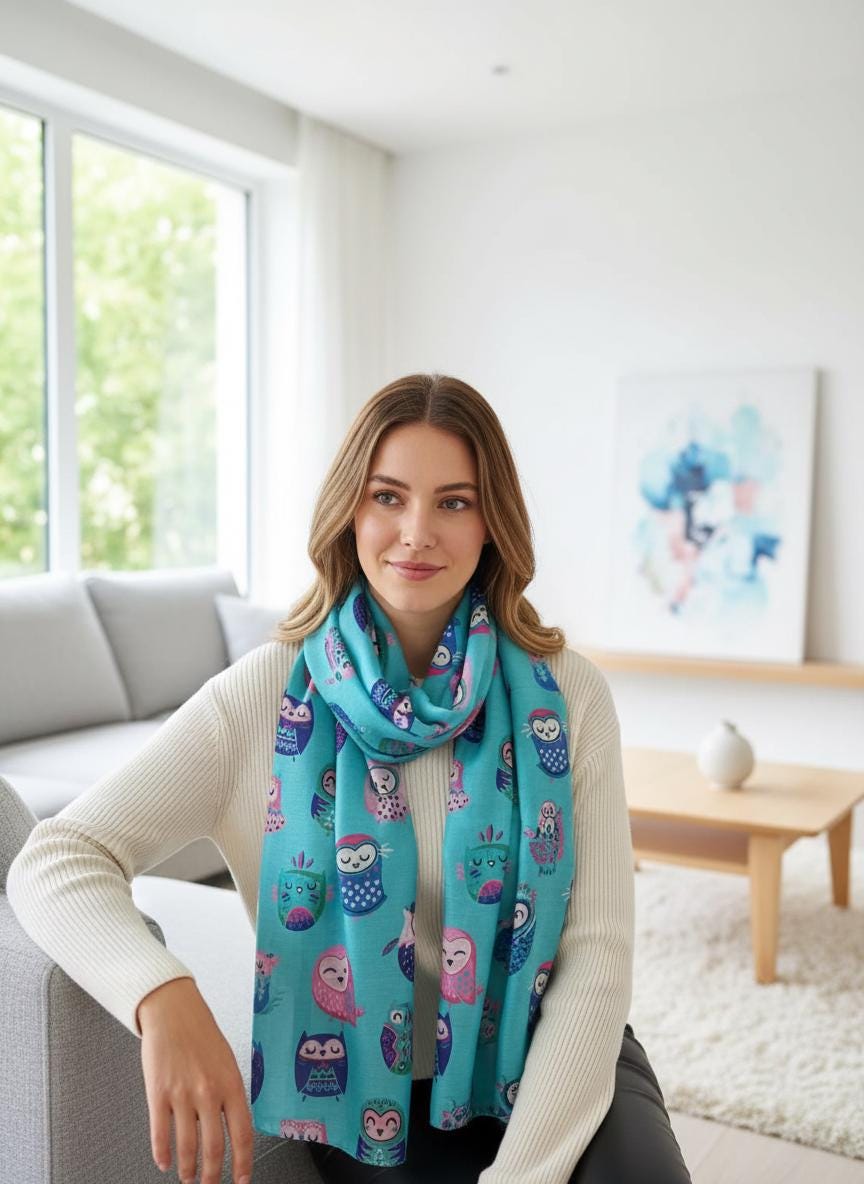 Stylish Owl Print Scarf – Lightweight Scarf for Women Fashion Scarf Comes with a gift bag