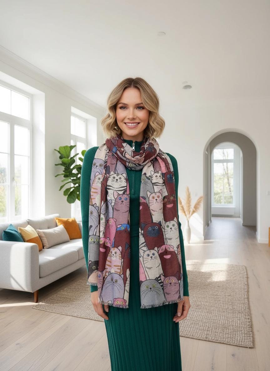 Cat Print Lightweight Shawl Wrap Scarf All Seasons Scarves For Cat Lovers Comes with a gift bag