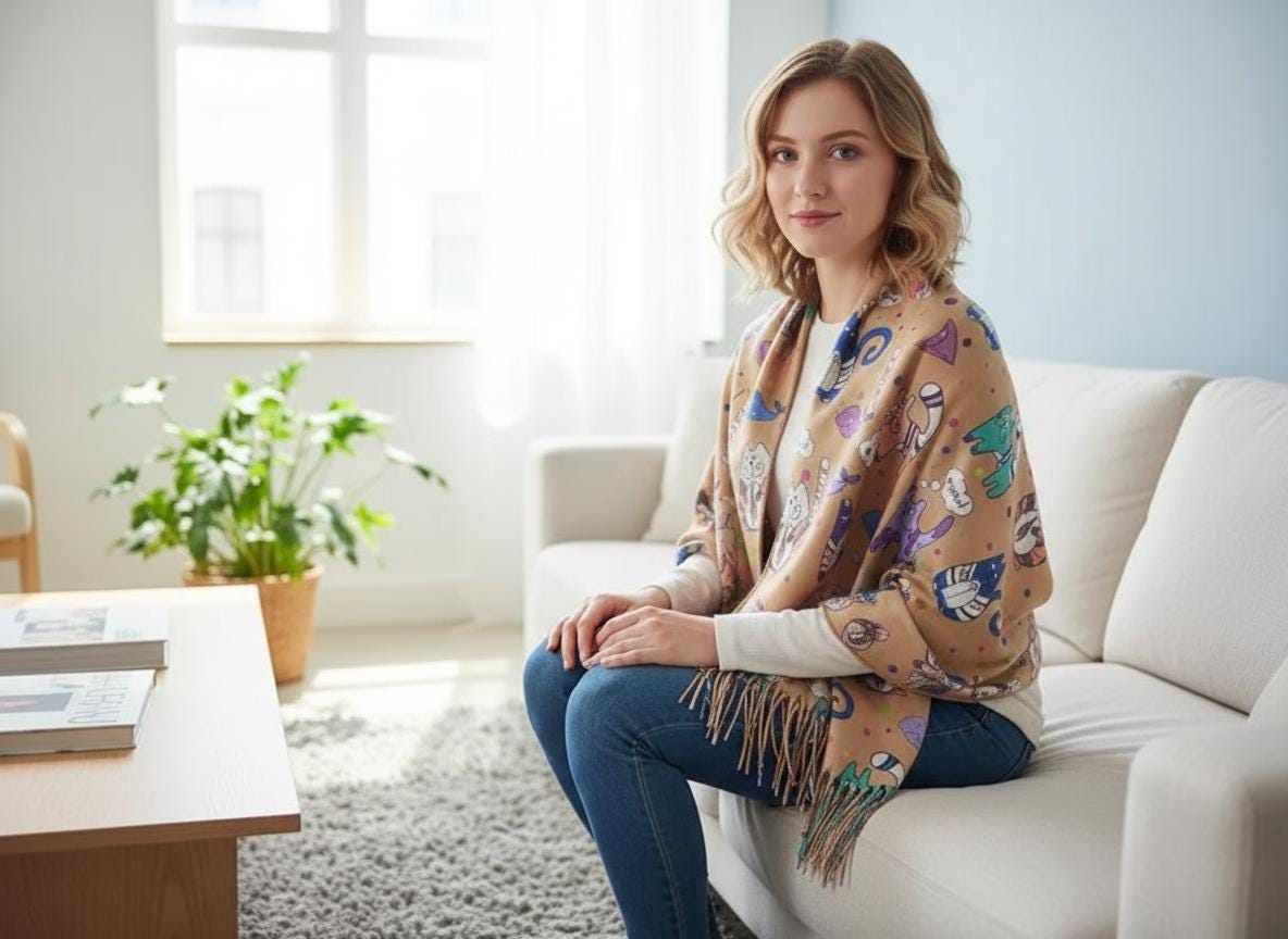 Cat Print Scarf: Cashmere Feel Wrap with Tassels Comes with a gift bag