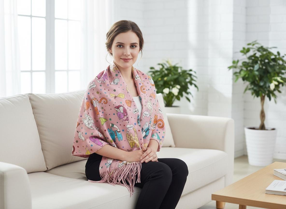 Cat Print Scarf: Cashmere Feel Wrap with Tassels Comes with a gift bag