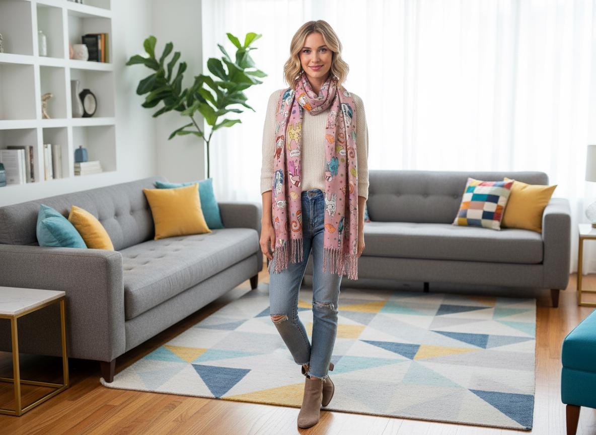 Cat Print Scarf: Cashmere Feel Wrap with Tassels Comes with a gift bag