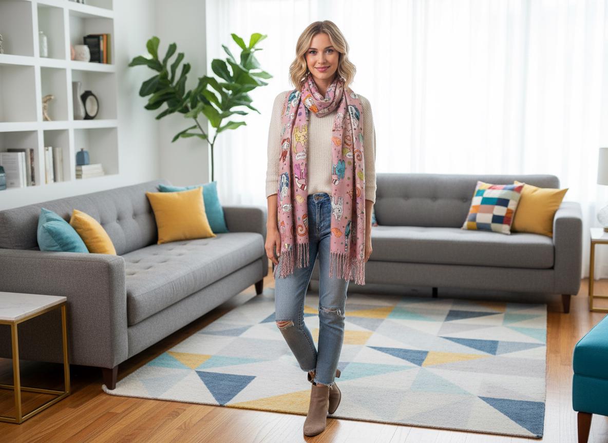 Cat Print Scarf: Cashmere Feel Wrap with Tassels Comes with a gift bag