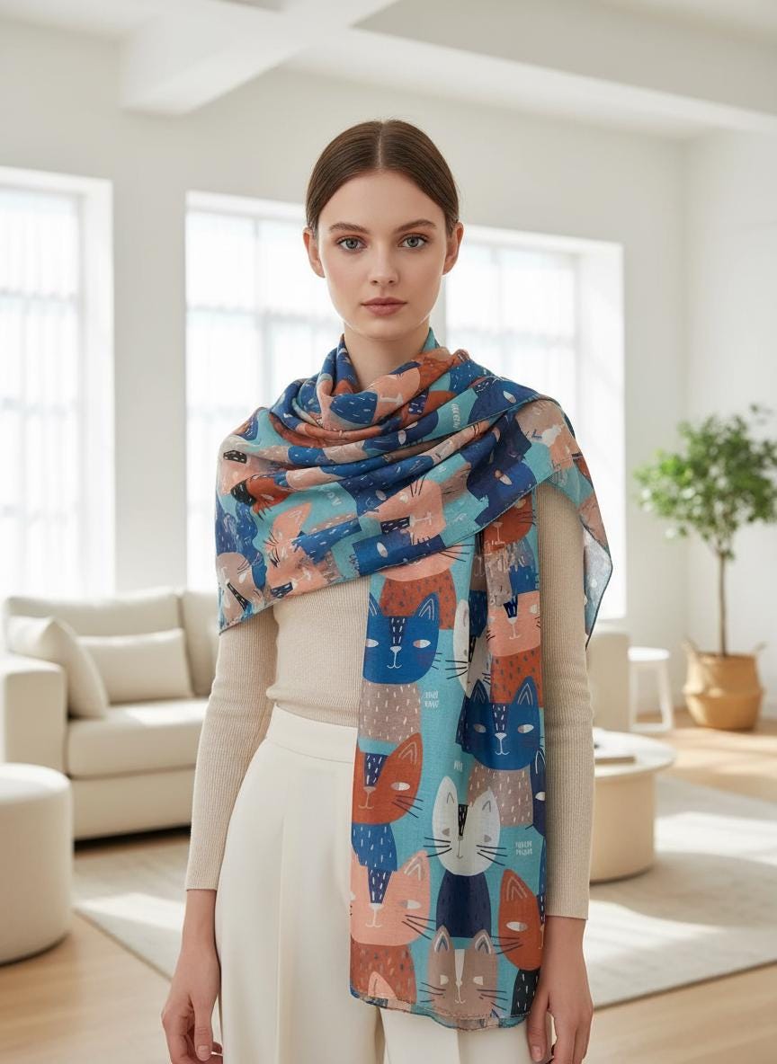 Cat Print Shawl Wrap Scarf All Seasons Scarves For Cat Lovers Comes with a gift bag
