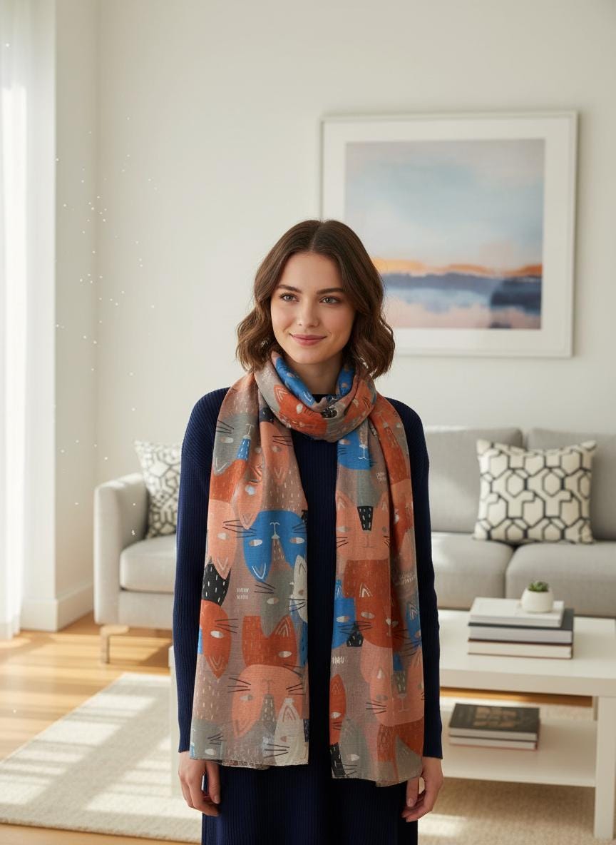 Cat Print Shawl Wrap Scarf All Seasons Scarves For Cat Lovers Comes with a gift bag