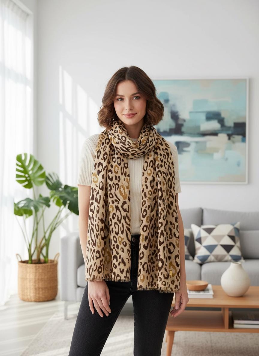 Glitter Gold Animal Print Scarf: Lightweight Women's Shawl Comes with a gift bag