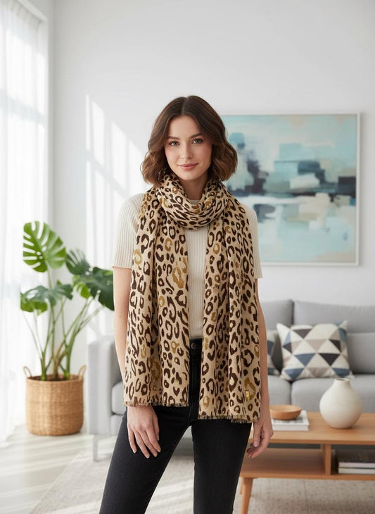 Glitter Gold Animal Print Scarf: Lightweight Women's Shawl Comes with a gift bag