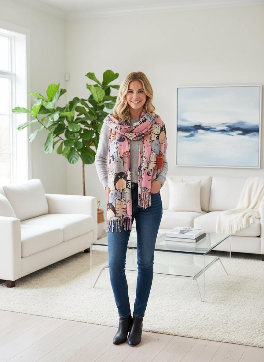 Cat Print Scarf: Cashmere Feel Shawl Wrap with Tassels Comes with a gift bag