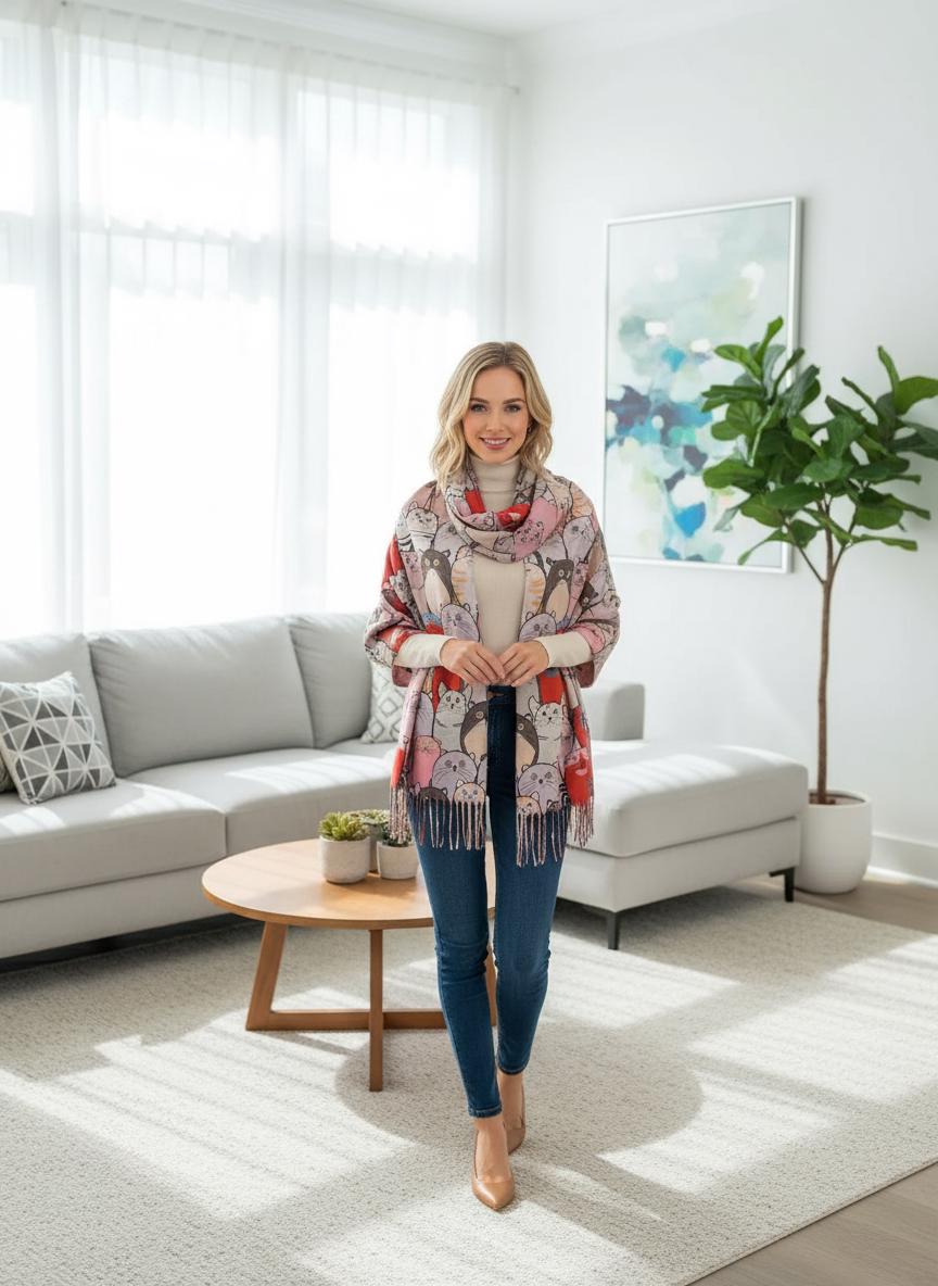 Cat Print Scarf: Cashmere Feel Shawl Wrap with Tassels Comes with a gift bag