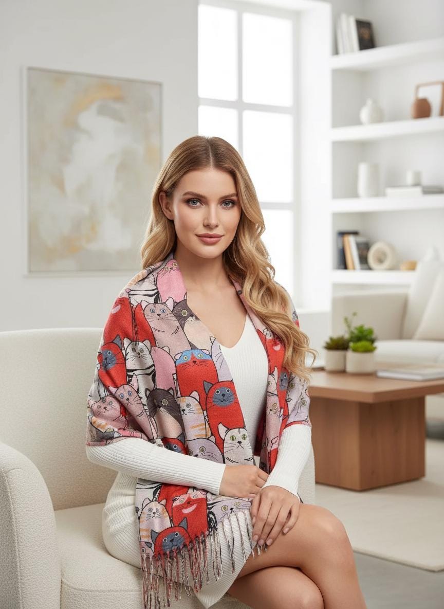 Cat Print Scarf: Cashmere Feel Shawl Wrap with Tassels Comes with a gift bag