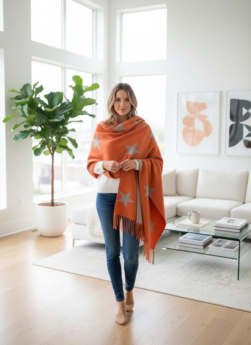 Star Cashmere Blend Scarf Soft Reversible Winter Blanket With A Tree Of Life Magnetic Brooch Comes with a gift bag