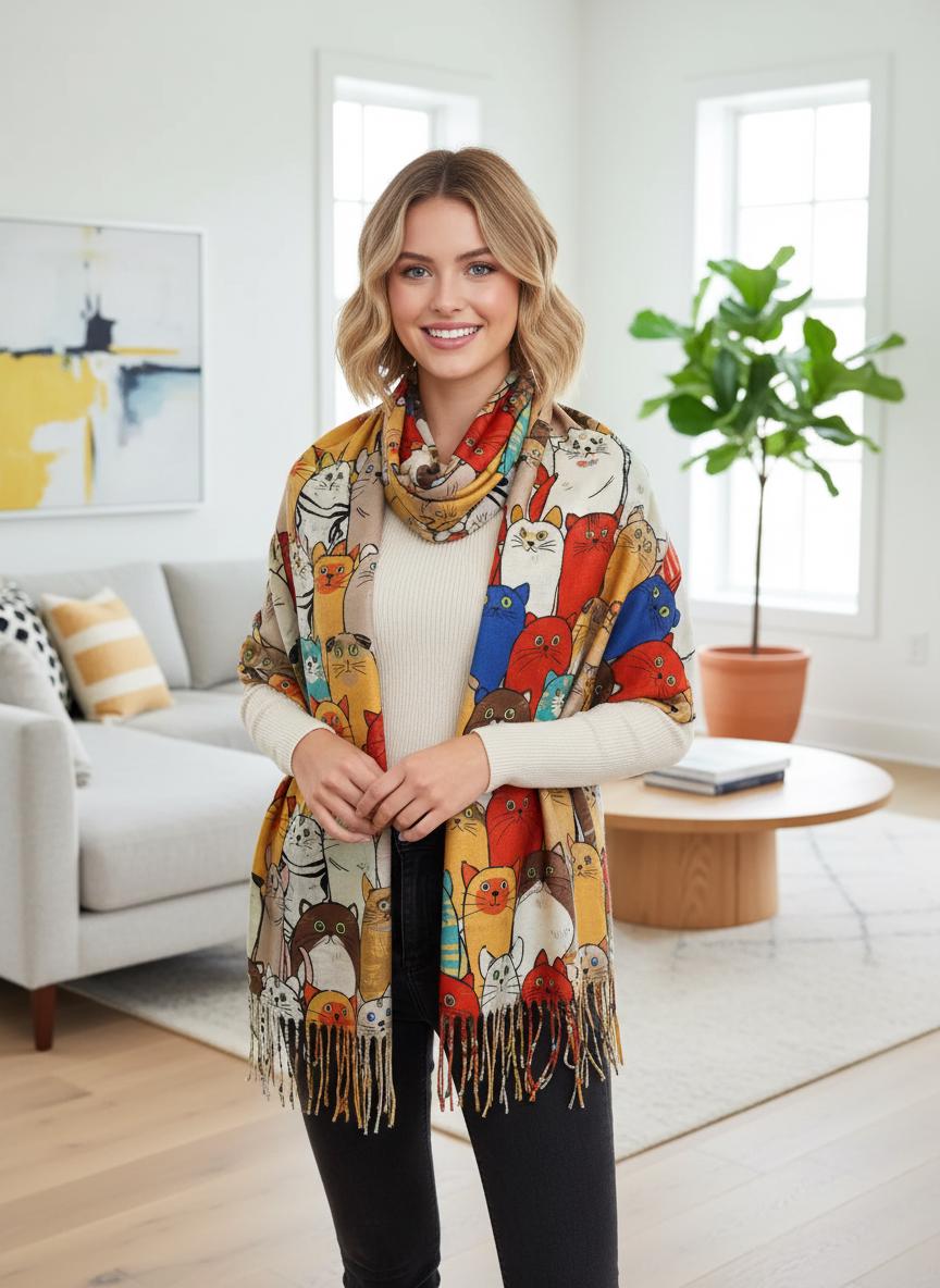 Cat Print Scarf: Cashmere Feel Shawl Wrap with Tassels Comes with a gift bag