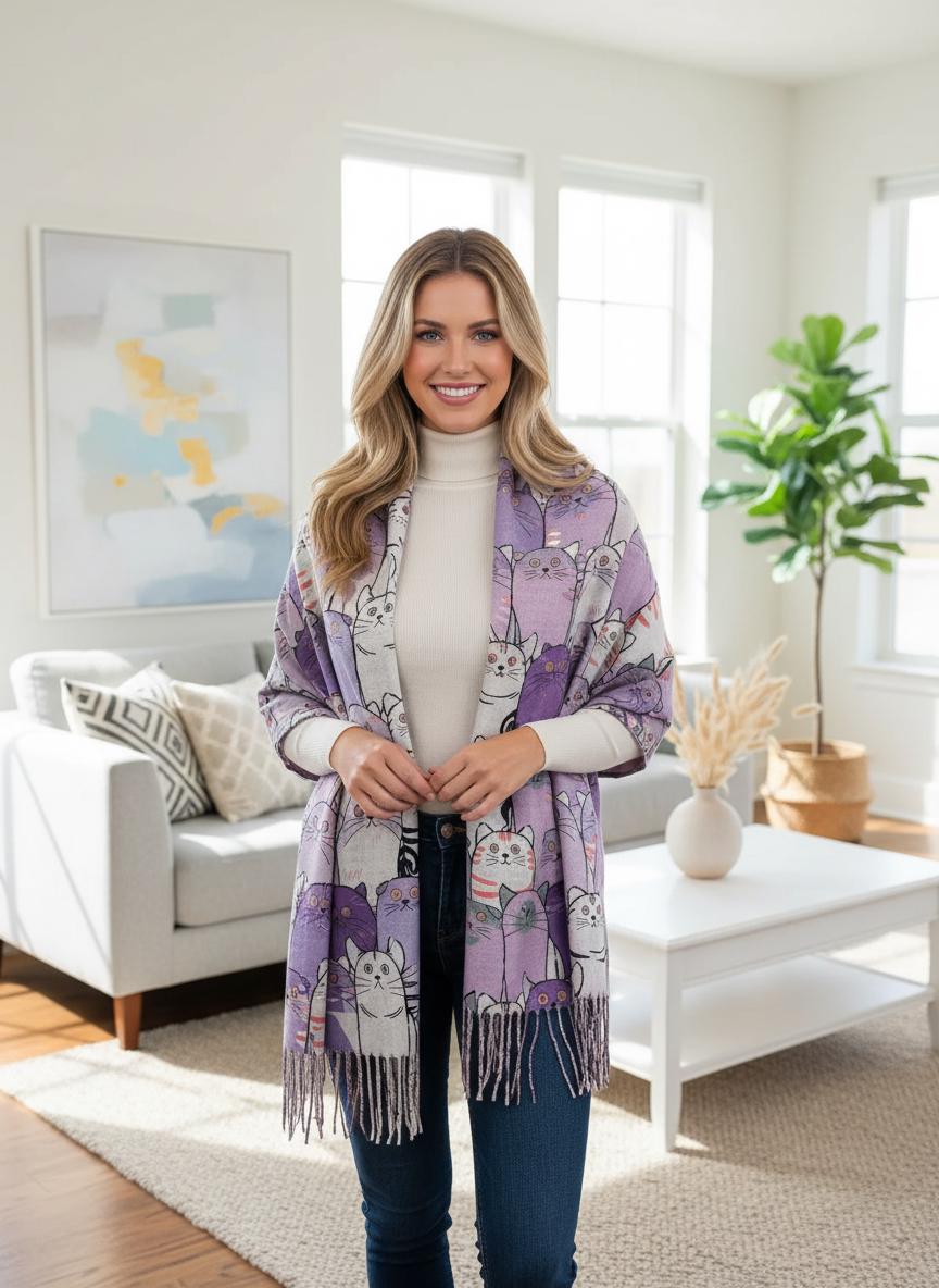 Cat Print Scarf: Cashmere Feel Shawl Wrap with Tassels Comes with a gift bag