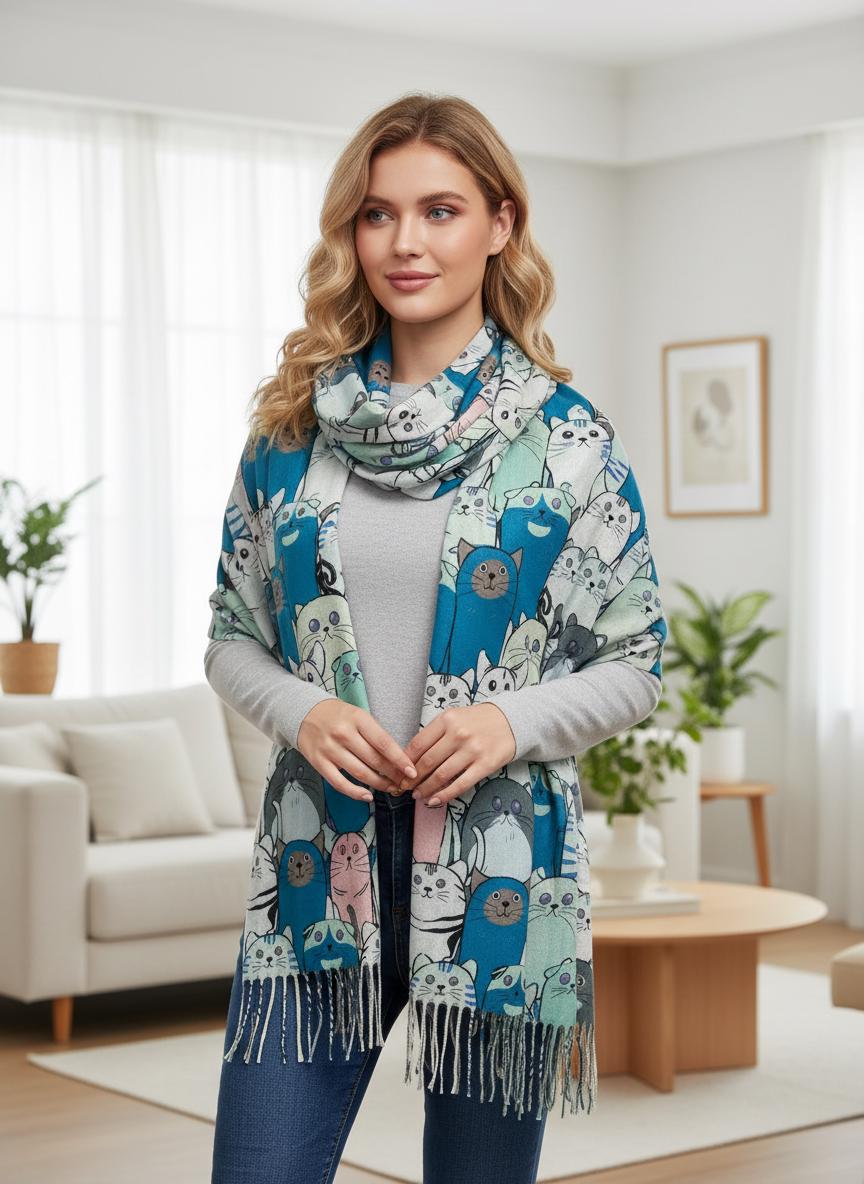 Cat Print Scarf: Cashmere Feel Shawl Wrap with Tassels Comes with a gift bag