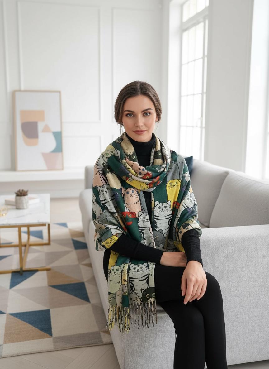 Cat Print Scarf: Cashmere Feel Shawl Wrap with Tassels Comes with a gift bag