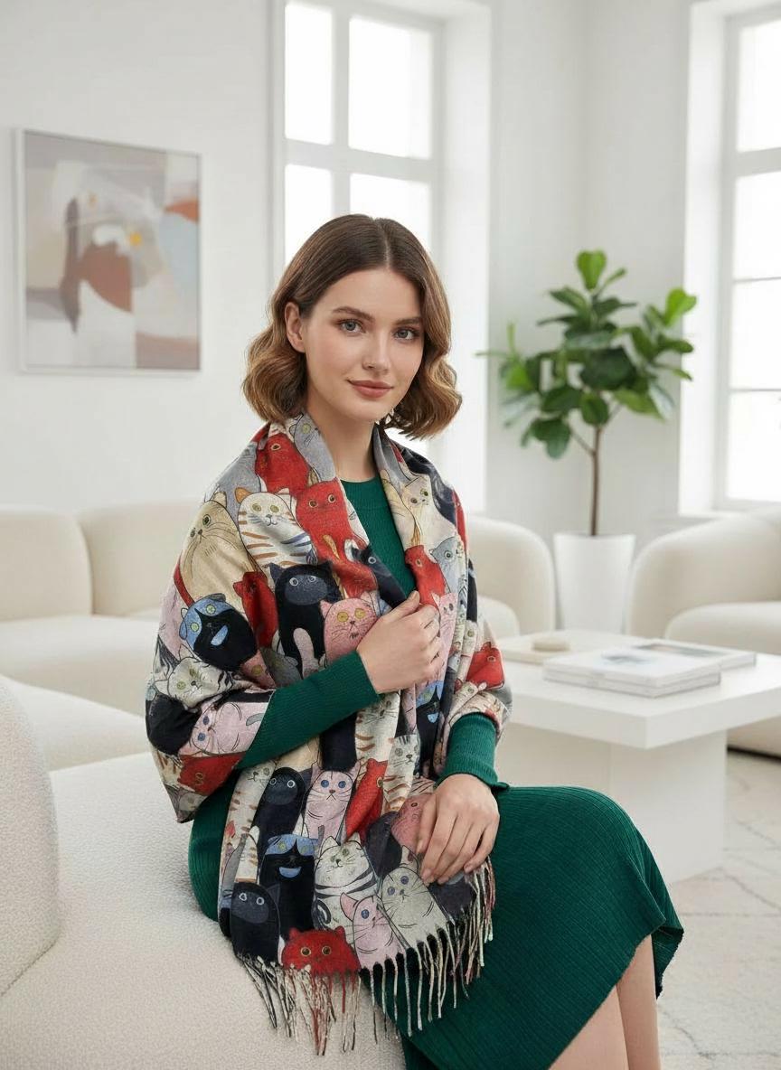 Cat Print Scarf: Cashmere Feel Shawl Wrap with Tassels Comes with a gift bag