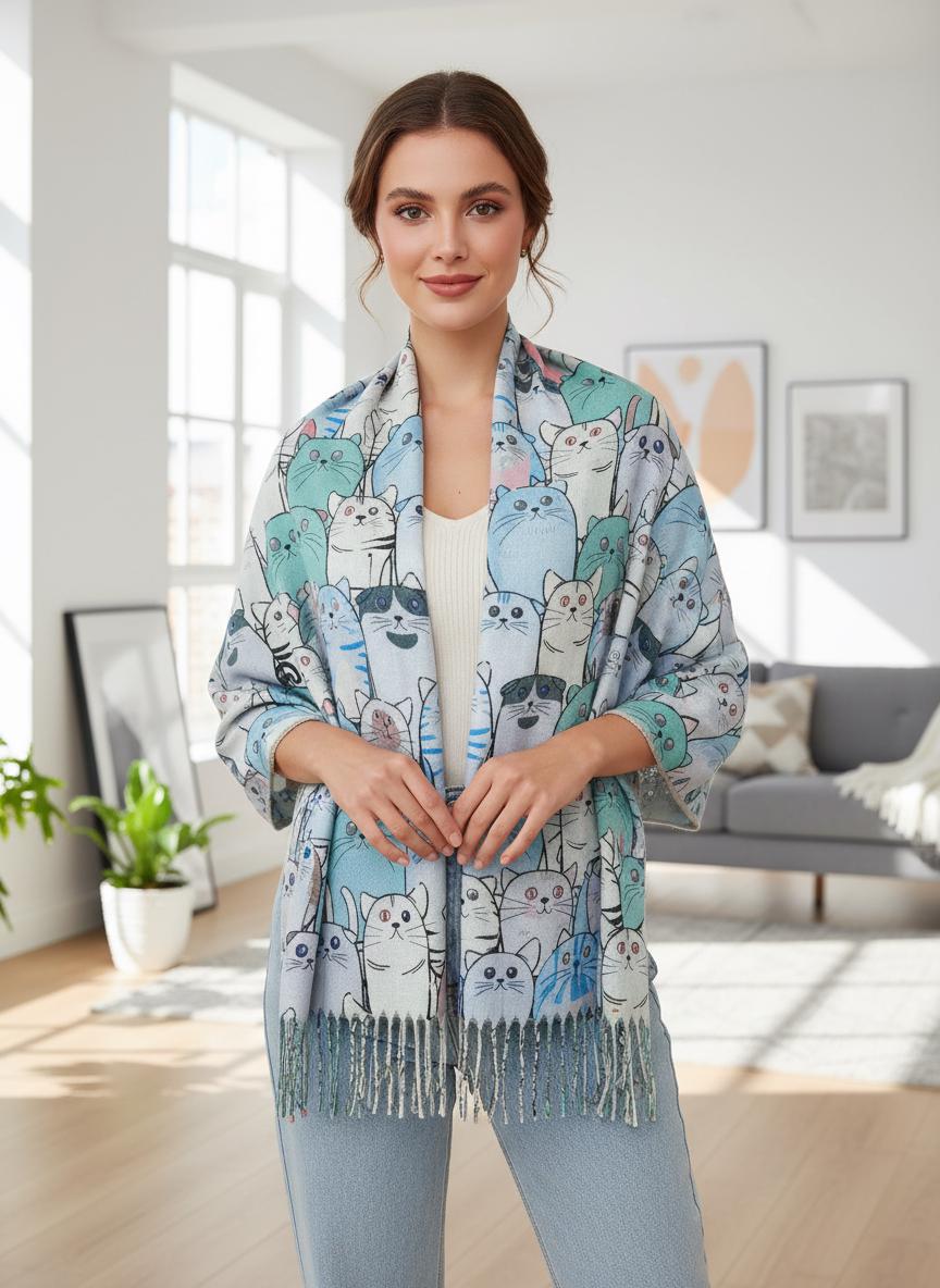 Cat Print Scarf: Cashmere Feel Shawl Wrap with Tassels Comes with a gift bag