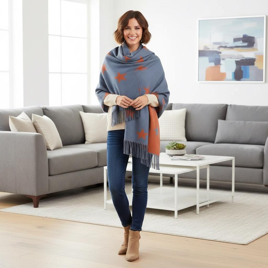 Star Cashmere Blend Scarf Soft Reversible Winter Blanket With A Tree Of Life Magnetic Brooch Comes with a gift bag