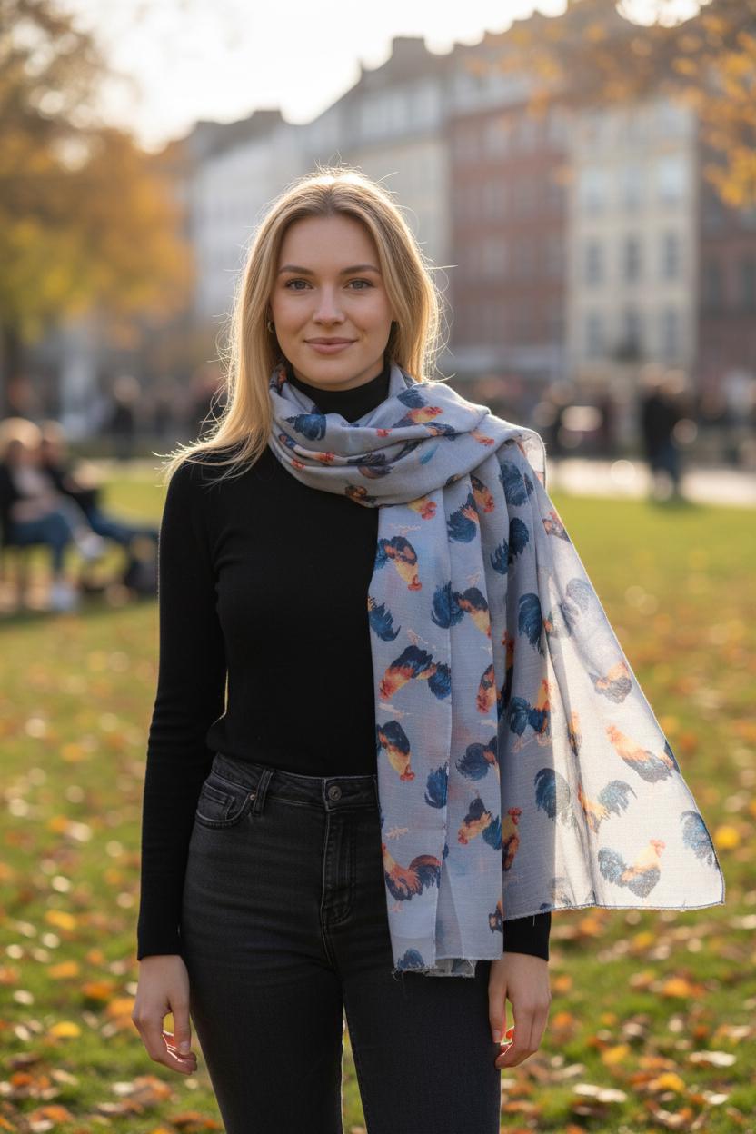 Rooster Print Scarf: Lightweight Chicken Scarf, Farm Animal Fashion Comes with a gift bag