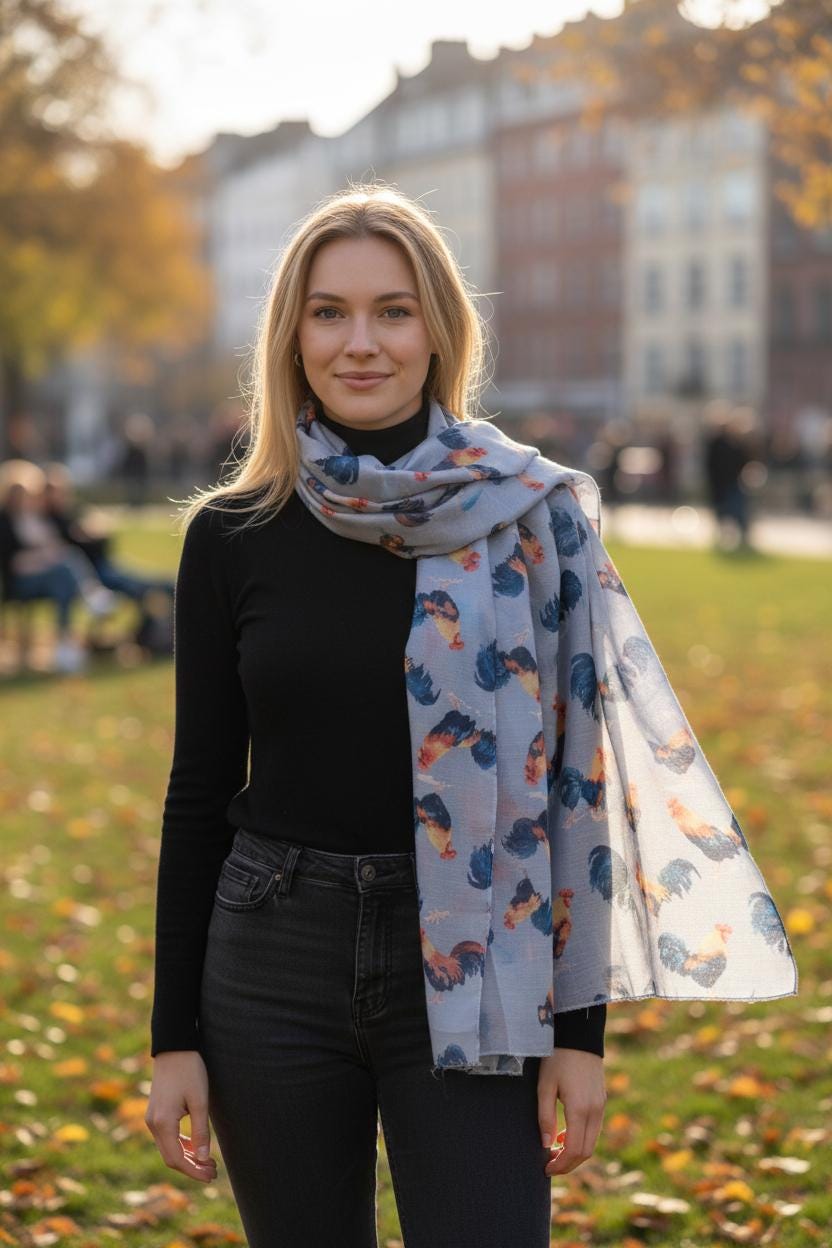 Rooster Print Scarf: Lightweight Chicken Scarf, Farm Animal Fashion Comes with a gift bag