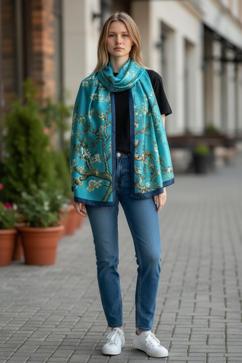 Luxury 100% Silk Feel Scarf, Van Gogh Almond Blossom Silk Scarf Lightweight Silk Scarf Comes with a gift bag