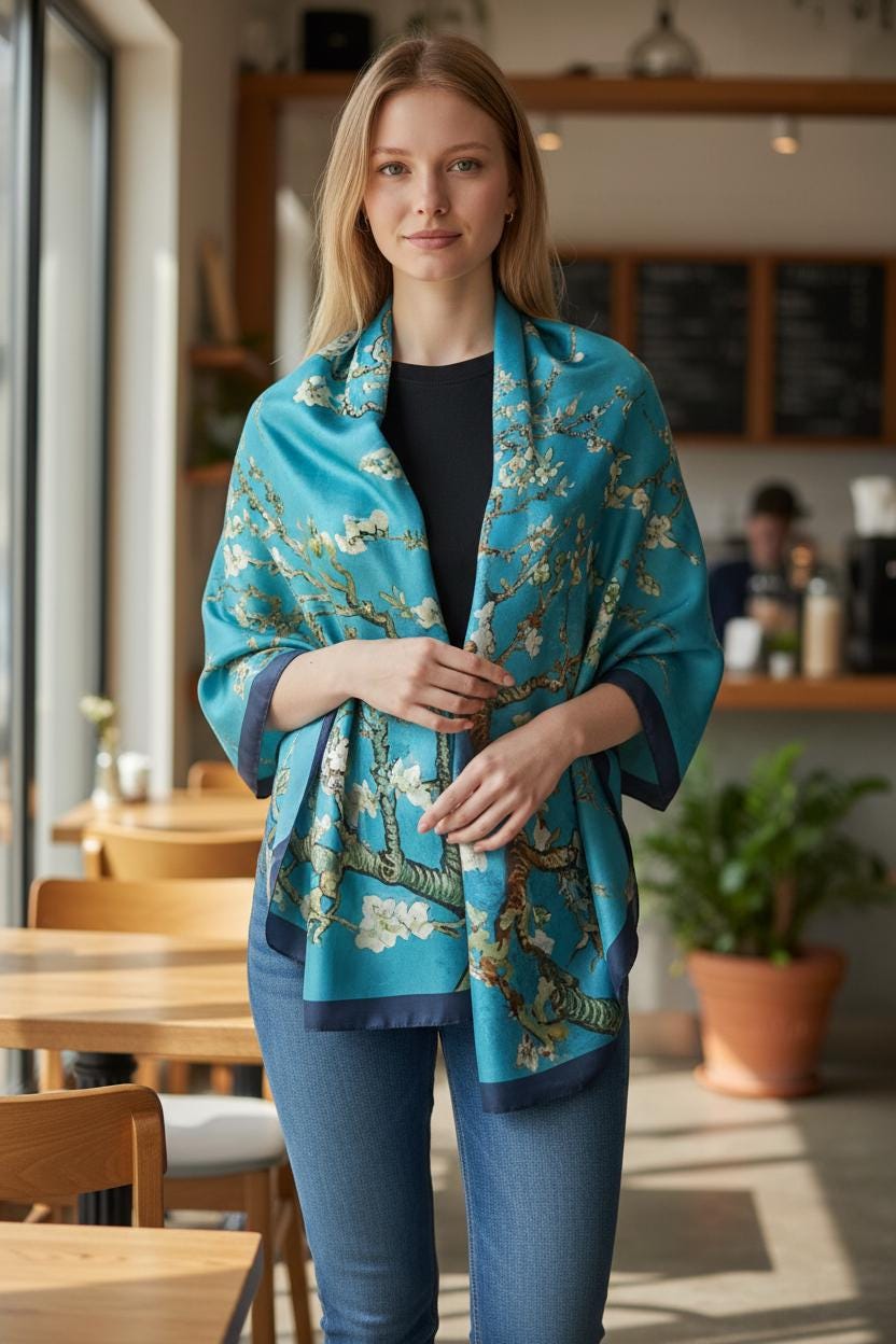 Luxury 100% Silk Feel Scarf, Van Gogh Almond Blossom Silk Scarf Lightweight Silk Scarf Comes with a gift bag