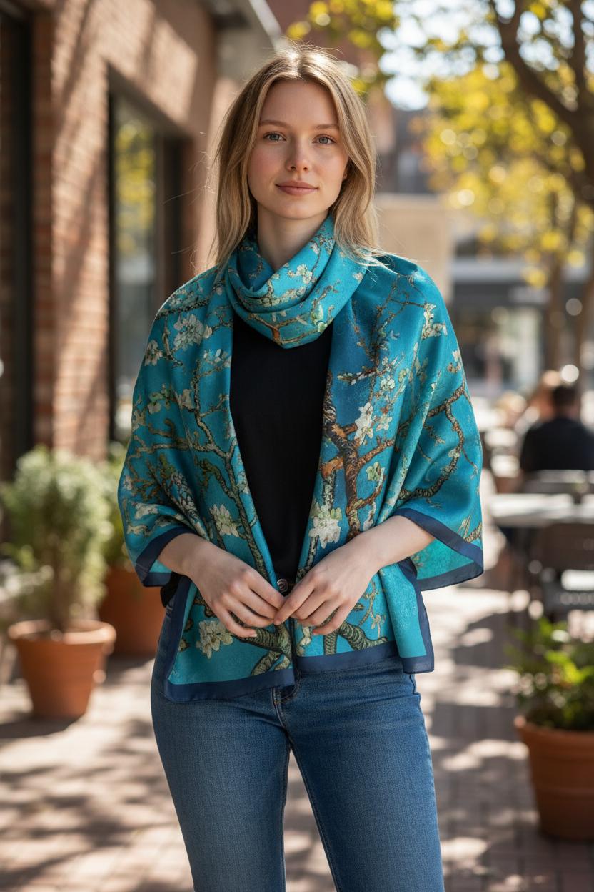 Luxury 100% Silk Feel Scarf, Van Gogh Almond Blossom Silk Scarf Lightweight Silk Scarf Comes with a gift bag