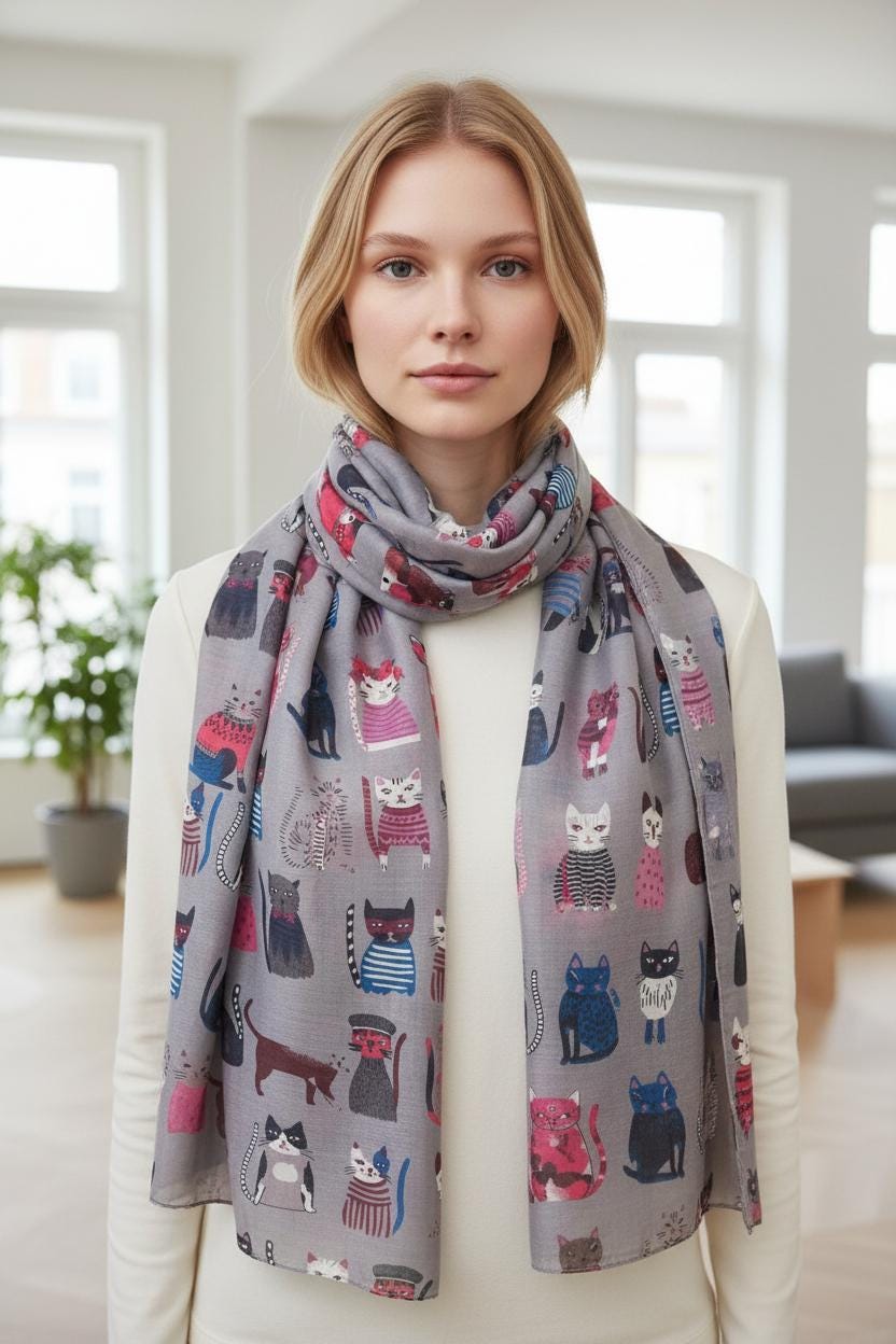 Cute Cat Print Shawl Wrap Scarf All Seasons Scarves For Cat Lovers Comes with a gift bag
