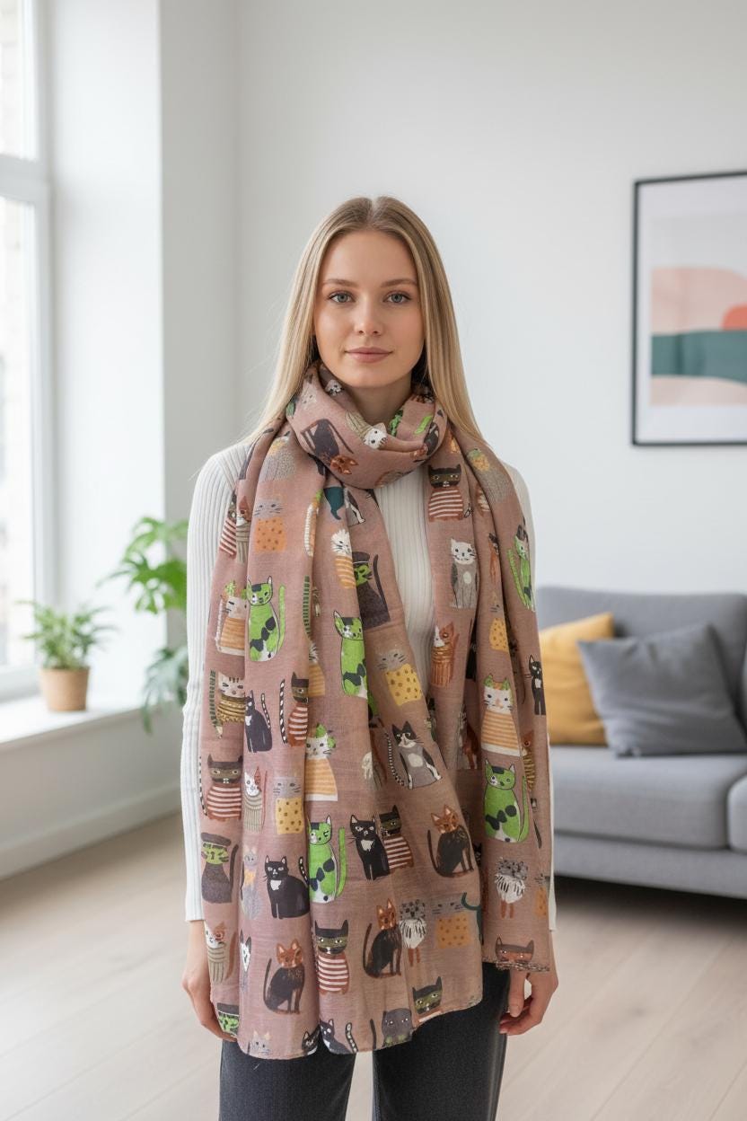 Cute Cat Print Shawl Wrap Scarf All Seasons Scarves For Cat Lovers Comes with a gift bag