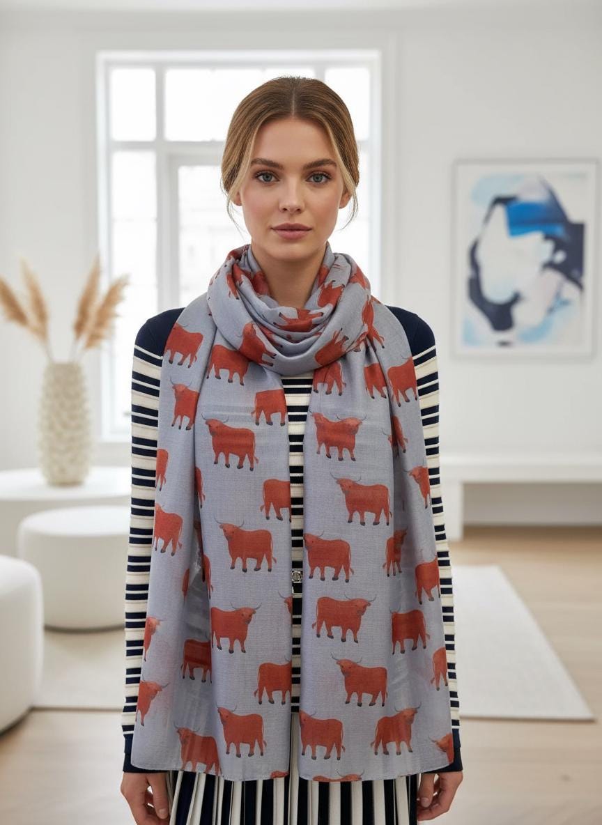 Scottish Highland Cow Printed Scarf with Horns Print Scarves Wrap