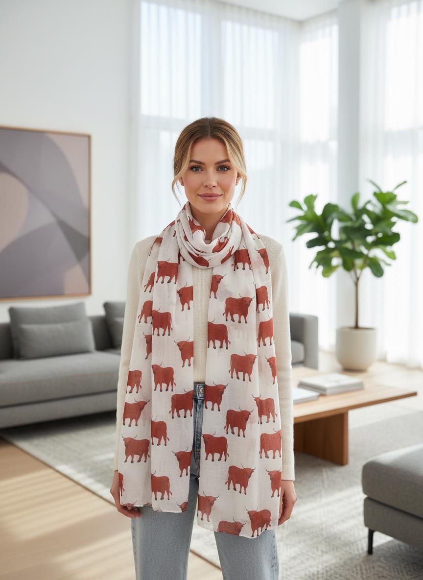 Scottish Highland Cow Printed Scarf with Horns Print Scarves Wrap