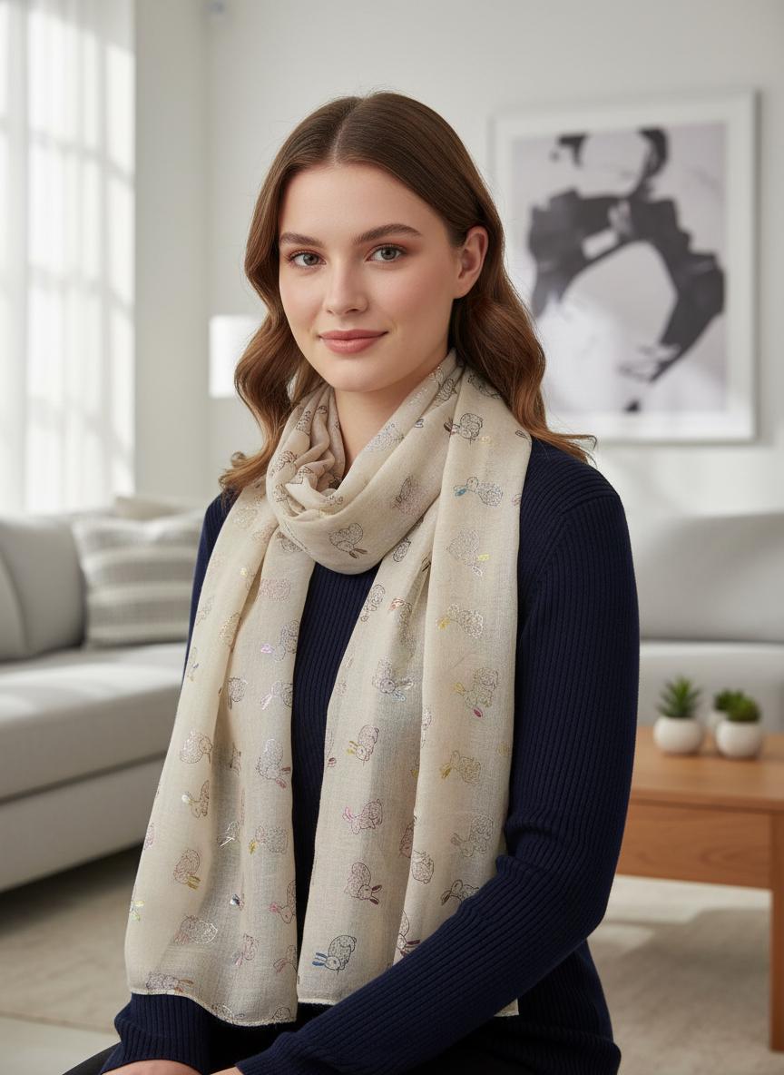 Glitter Rabbit Pattern Viscose Scarf: Lightweight Fashion Scarf Comes with a gift bag
