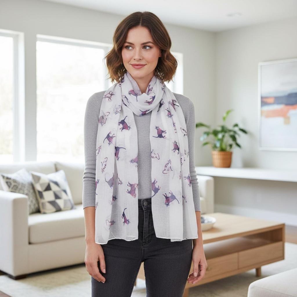 Cat Print Scarf: Lightweight Shawl Wrap for Cat Lovers Comes with a gift bag