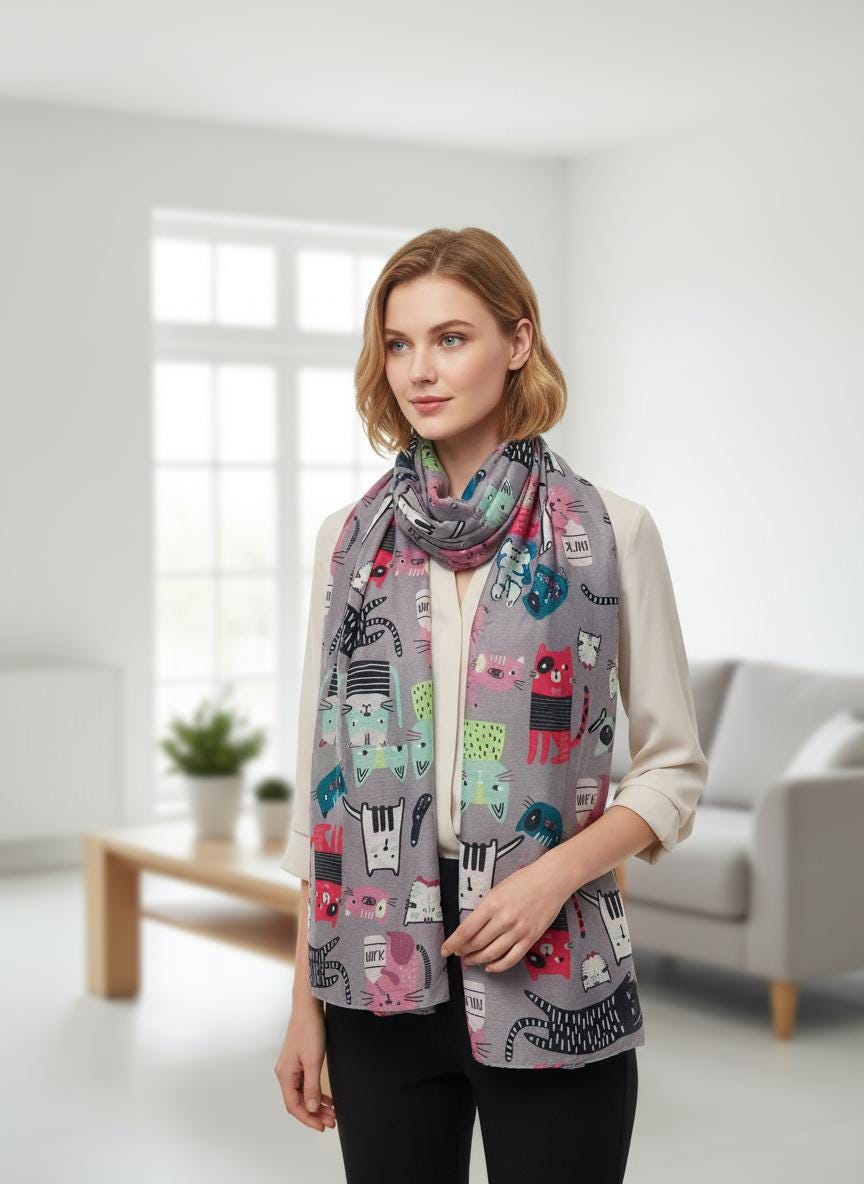 Cute Cat Print Scarf Soft Scarves For Cat Lovers Comes with a gift bag
