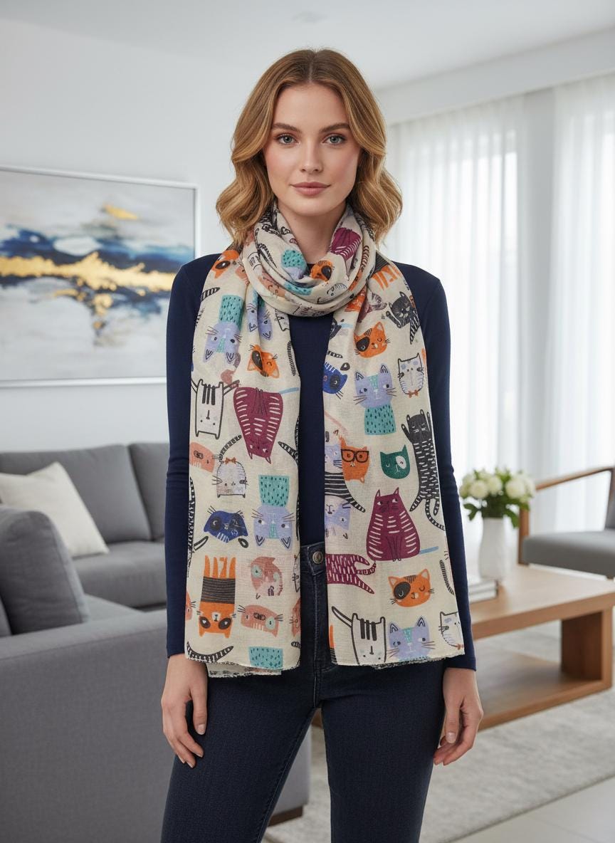 Cute Cat Print Scarf Soft Scarves For Cat Lovers Comes with a gift bag
