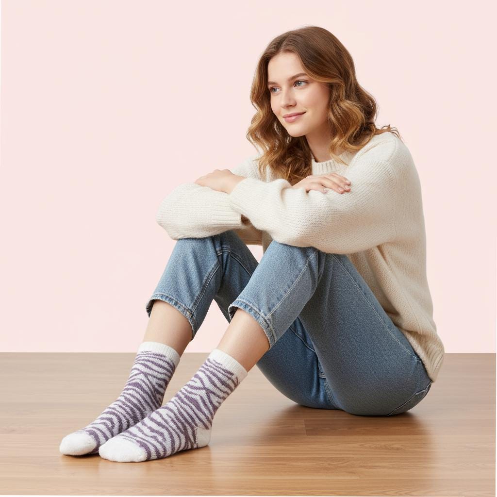Ladies Seamless Soft Comfort Set of 6 Daisy Bear Flower Pattern Crew Socks Premium Quality Gift for Her comes with a gift bag