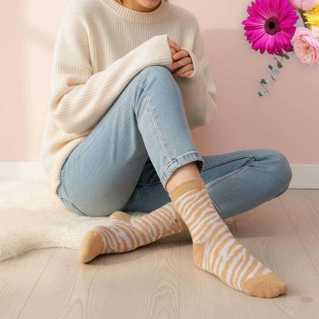 Ladies Seamless Soft Comfort Set of 6 Pineapple Floral Heart Pattern Crew Socks Premium Quality Gift for Her comes with a gift bag