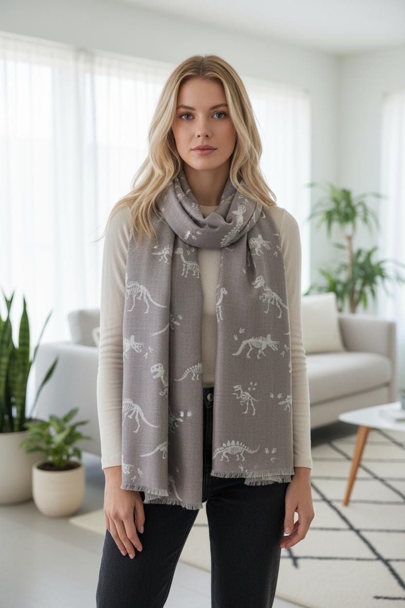 Wrap yourself in prehistoric style with this charming dinosaur skeleton print scarf Featuring an all-over fossil-inspired dinosaur pattern