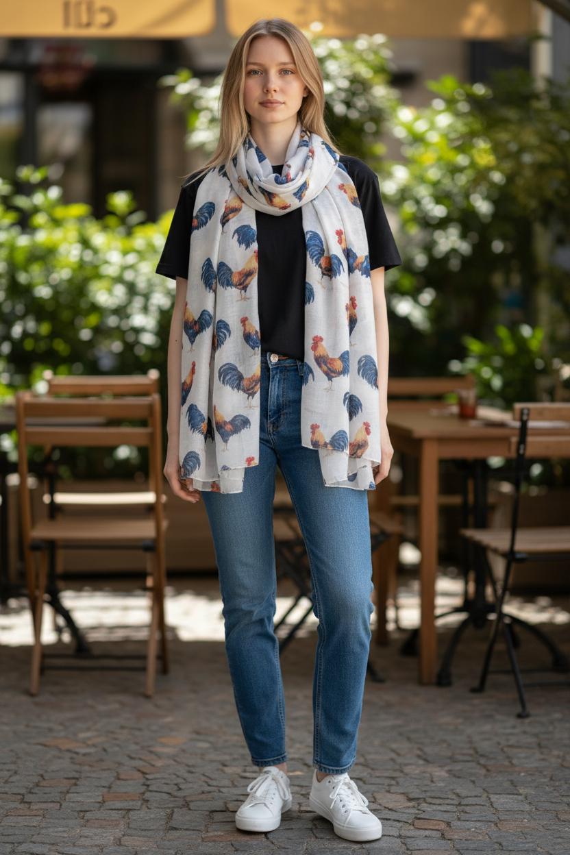 Rooster Print Scarf: Lightweight Chicken Scarf, Farm Animal Fashion Comes with a gift bag