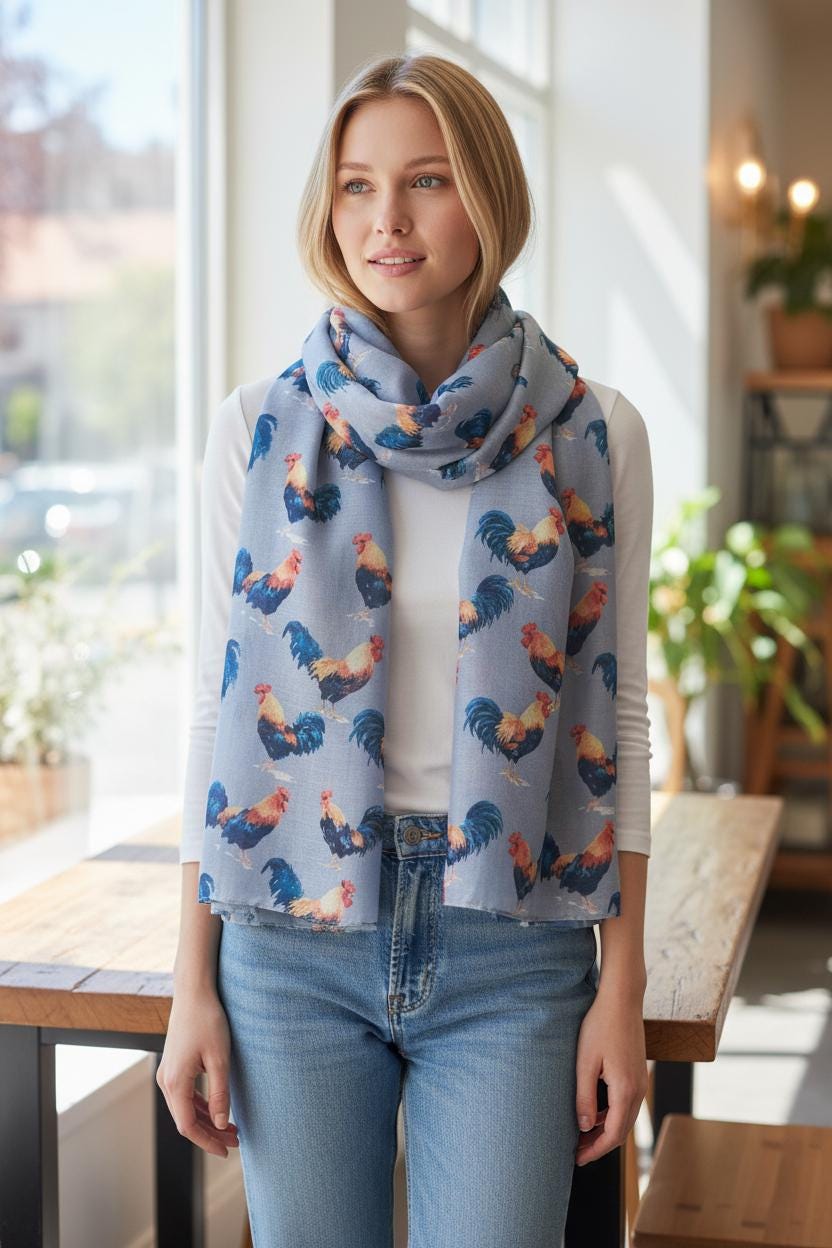 Rooster Print Scarf: Lightweight Chicken Scarf, Farm Animal Fashion Comes with a gift bag