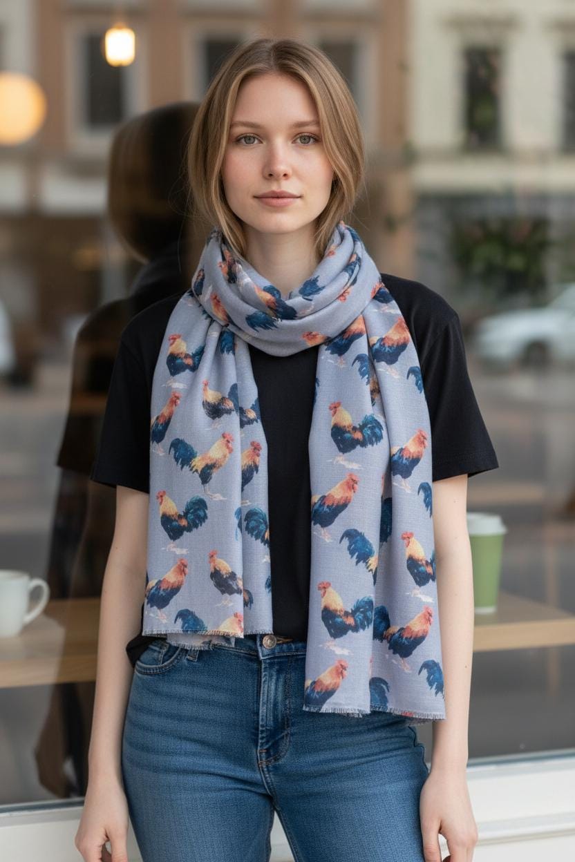 Rooster Print Scarf: Lightweight Chicken Scarf, Farm Animal Fashion Comes with a gift bag