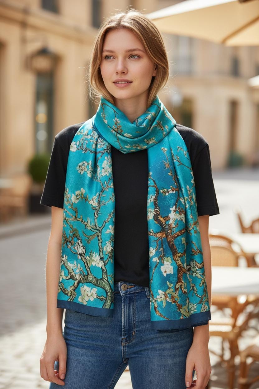 Luxury 100% Silk Feel Scarf, Van Gogh Almond Blossom Silk Scarf Lightweight Silk Scarf Comes with a gift bag
