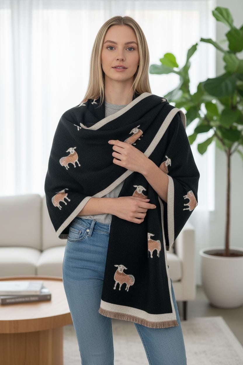 Happy Cute Woolly Sheep Print Winter Shawl Scarf Wrap Fashion Scarf Comes with a gift bag