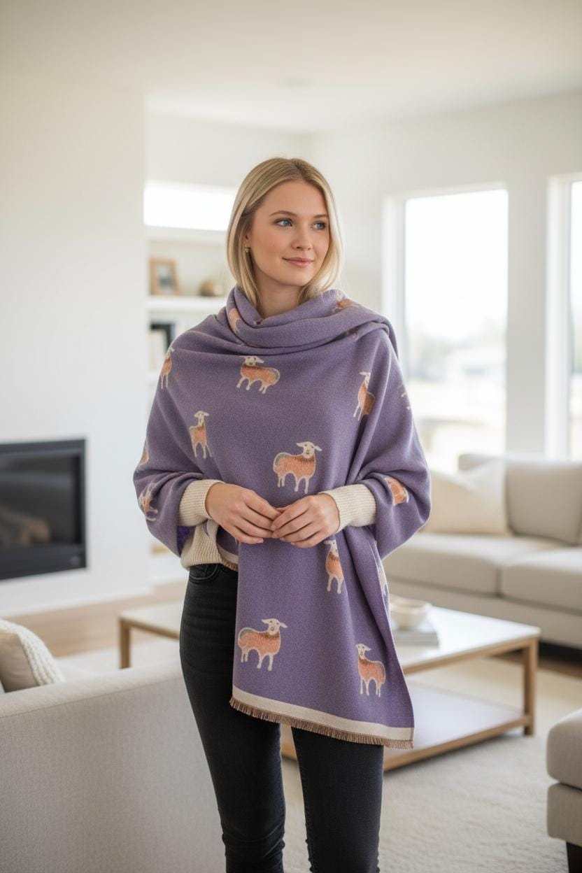 Happy Cute Woolly Sheep Print Winter Shawl Scarf Wrap Fashion Scarf Comes with a gift bag