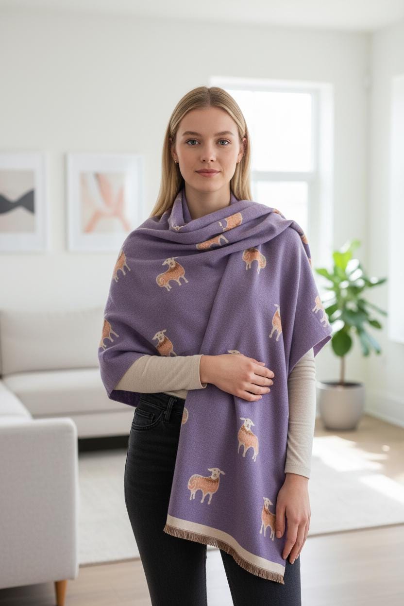 Happy Cute Woolly Sheep Print Winter Shawl Scarf Wrap Fashion Scarf Comes with a gift bag
