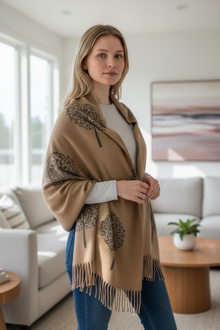 Tree of Life Cashmere Blend Scarf with Magnetic Brooch Comes with a gift bag