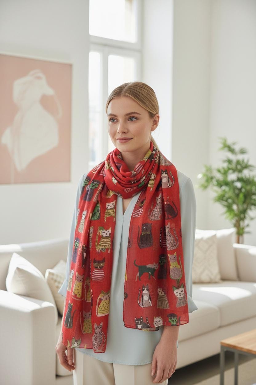 Cute Cat Print Shawl Wrap Scarf All Seasons Scarves For Cat Lovers Comes with a gift bag