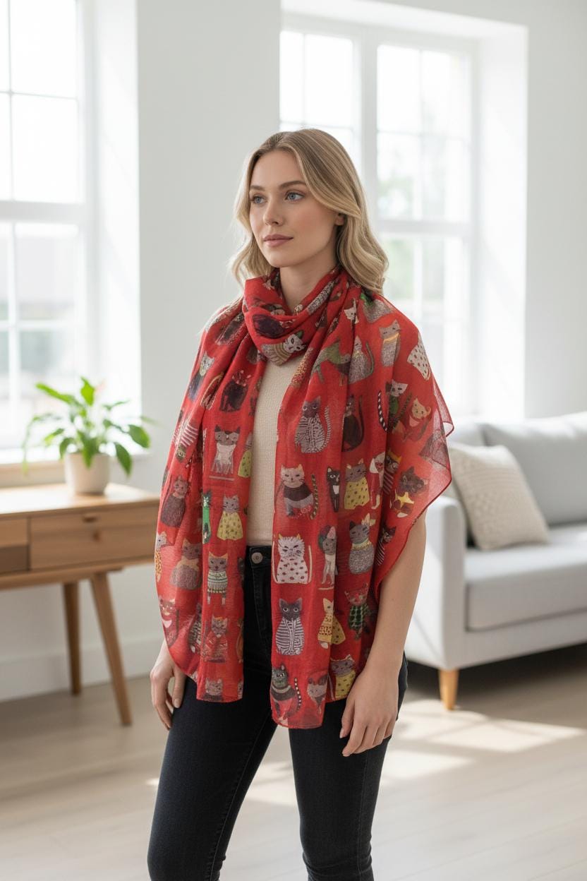 Cute Cat Print Shawl Wrap Scarf All Seasons Scarves For Cat Lovers Comes with a gift bag