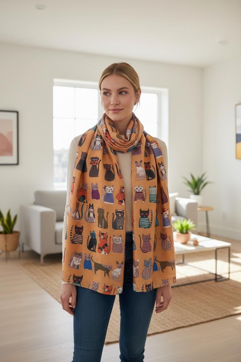 Cute Cat Print Shawl Wrap Scarf All Seasons Scarves For Cat Lovers Comes with a gift bag